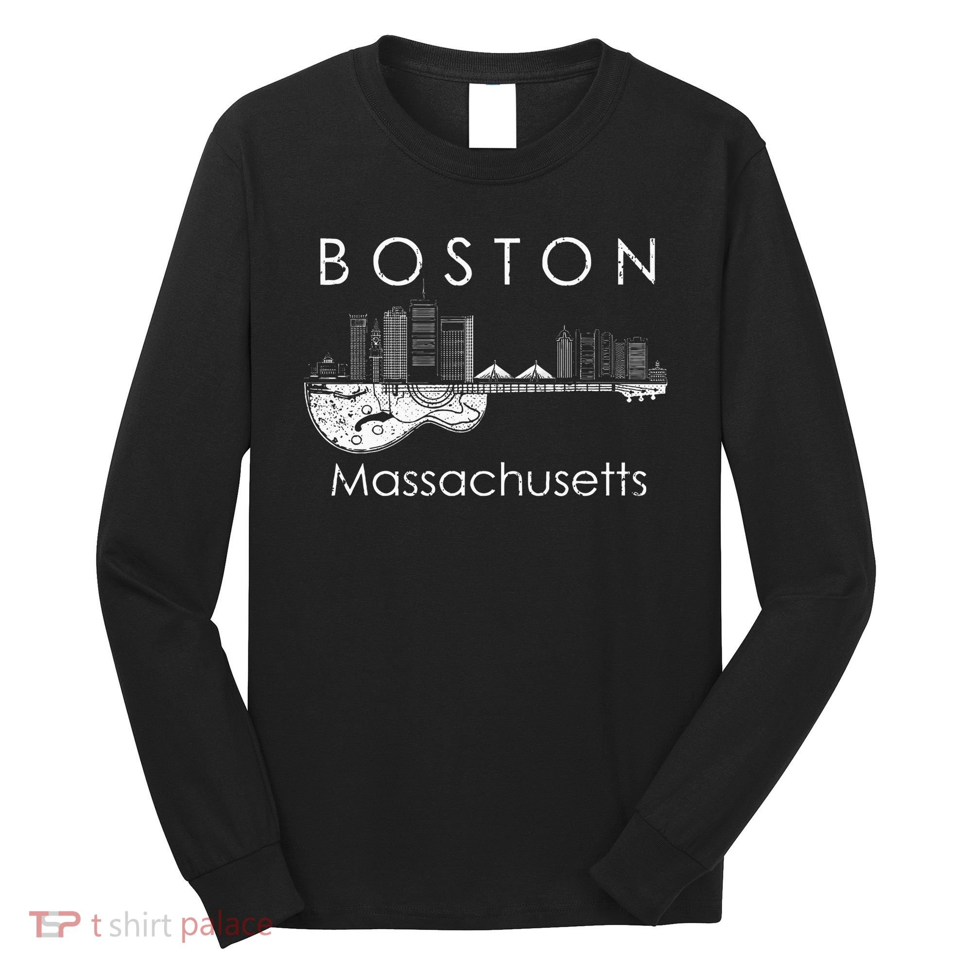Boston Souvenir Massachusetts Skyline Music Guitar Long Sleeve Shirt