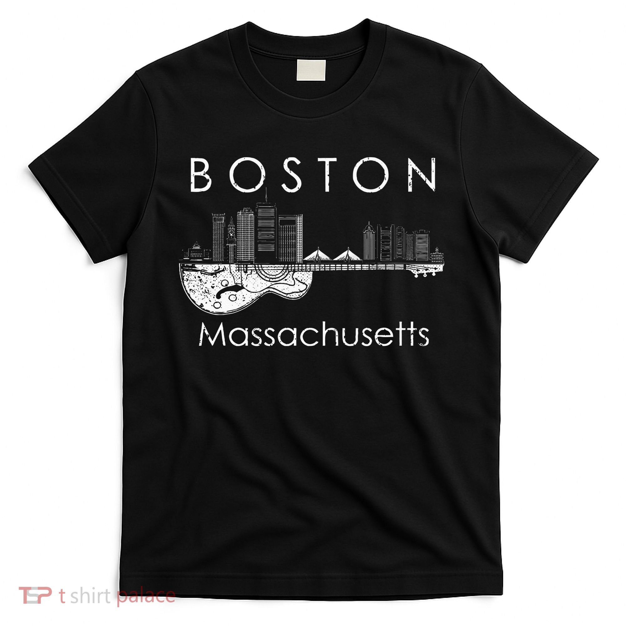 Boston Souvenir Massachusetts Skyline Music Guitar T-Shirt