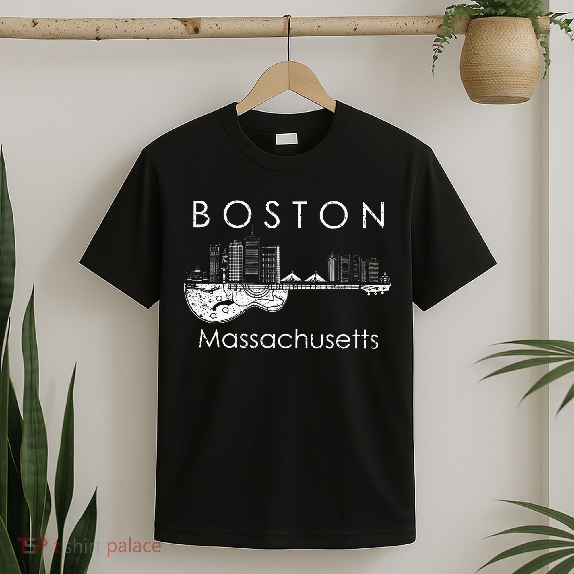 Boston Souvenir Massachusetts Skyline Music Guitar T-Shirt