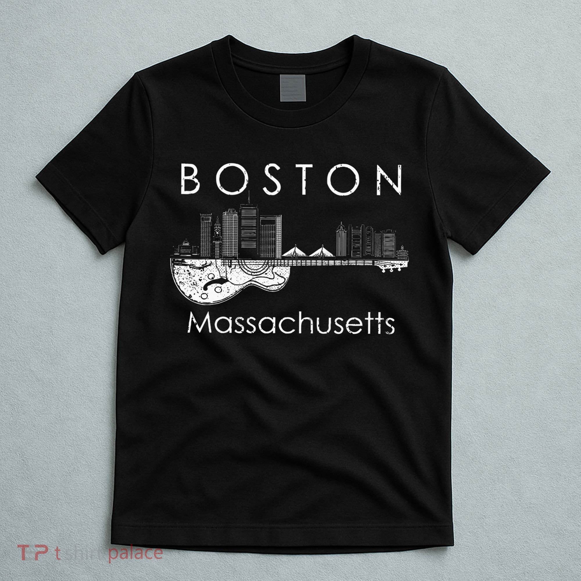 Boston Souvenir Massachusetts Skyline Music Guitar T-Shirt