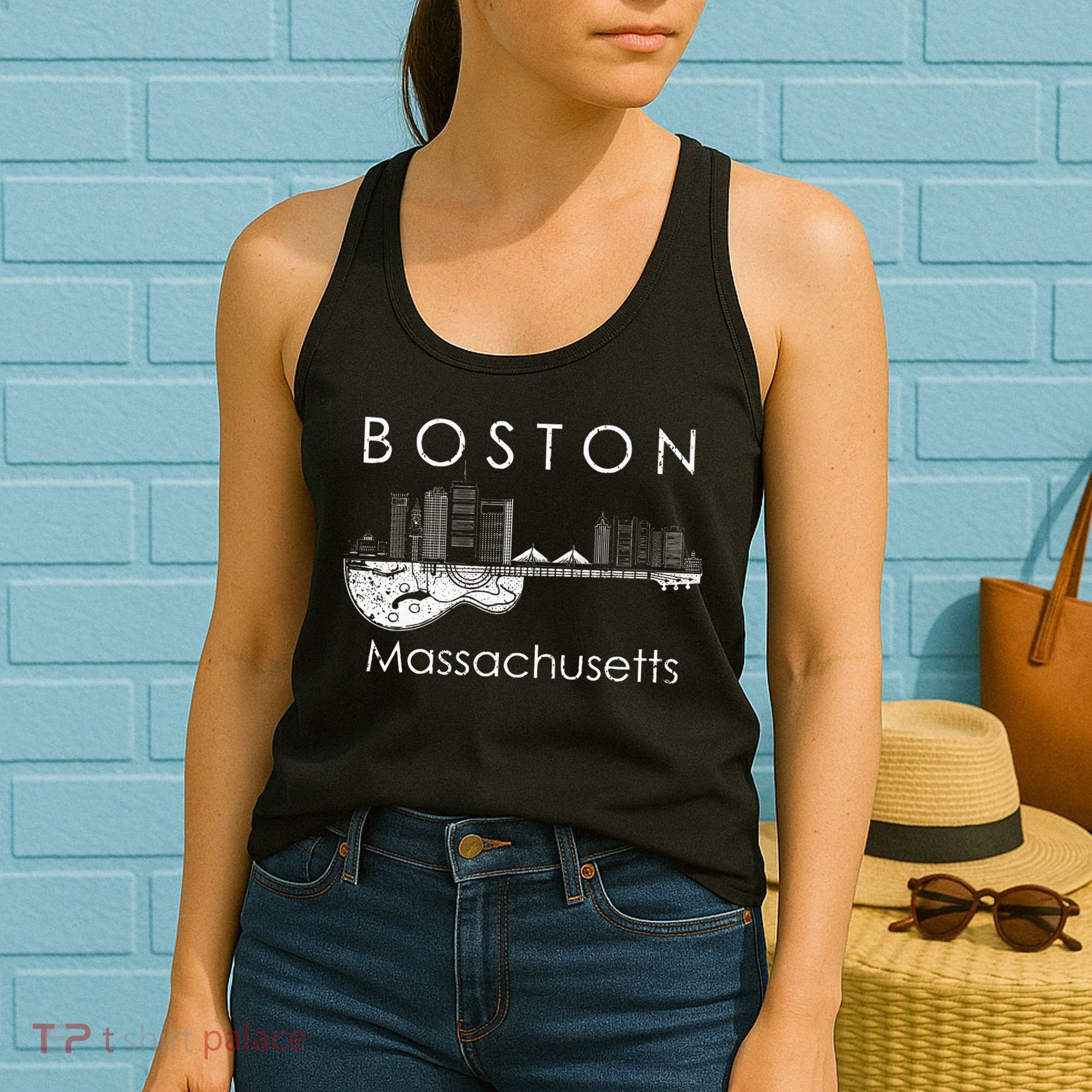 Boston Souvenir Massachusetts Skyline Music Guitar Women's Tank Top