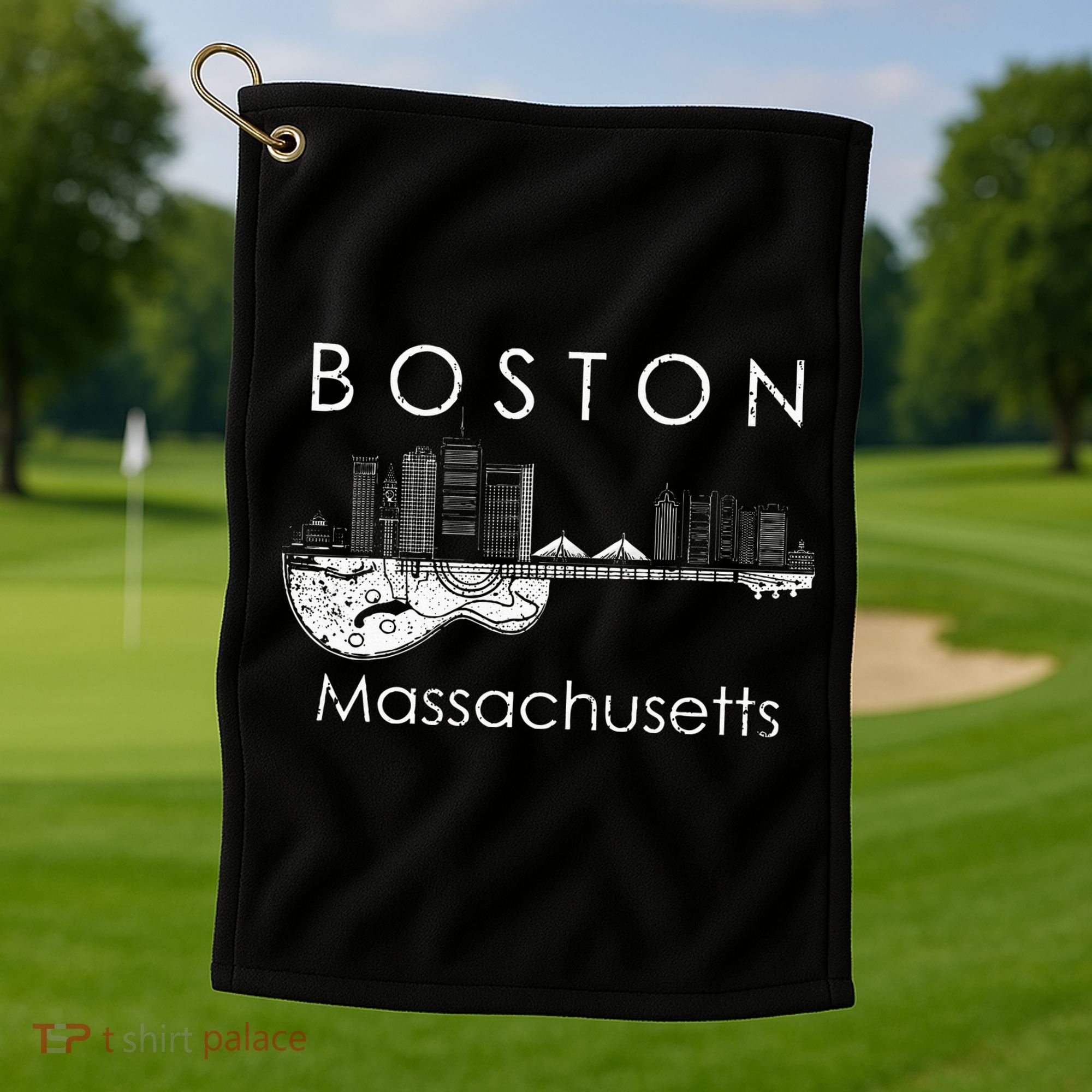 Boston Souvenir Massachusetts Skyline Music Guitar Golf Towel