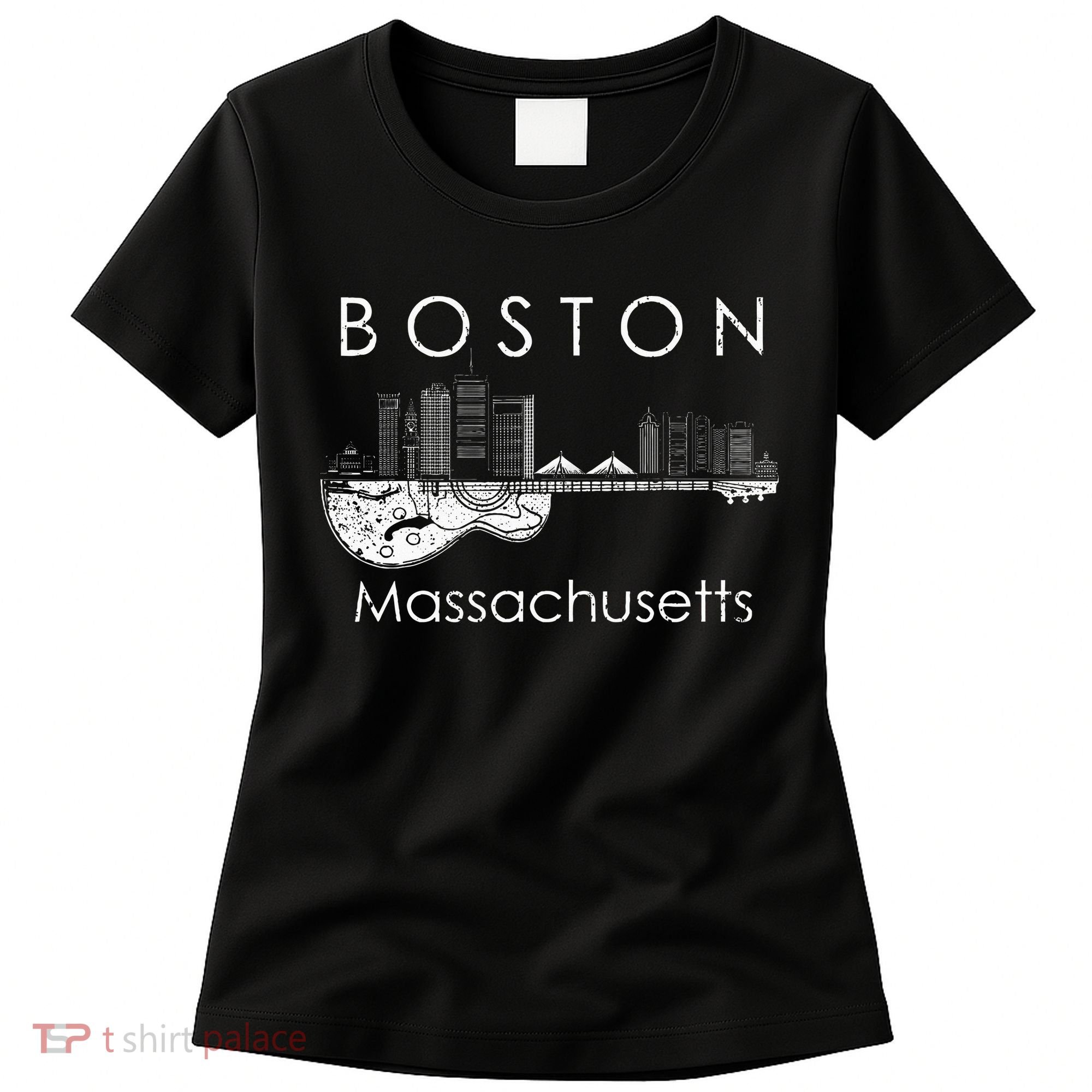 Boston Souvenir Massachusetts Skyline Music Guitar Women's T-Shirt