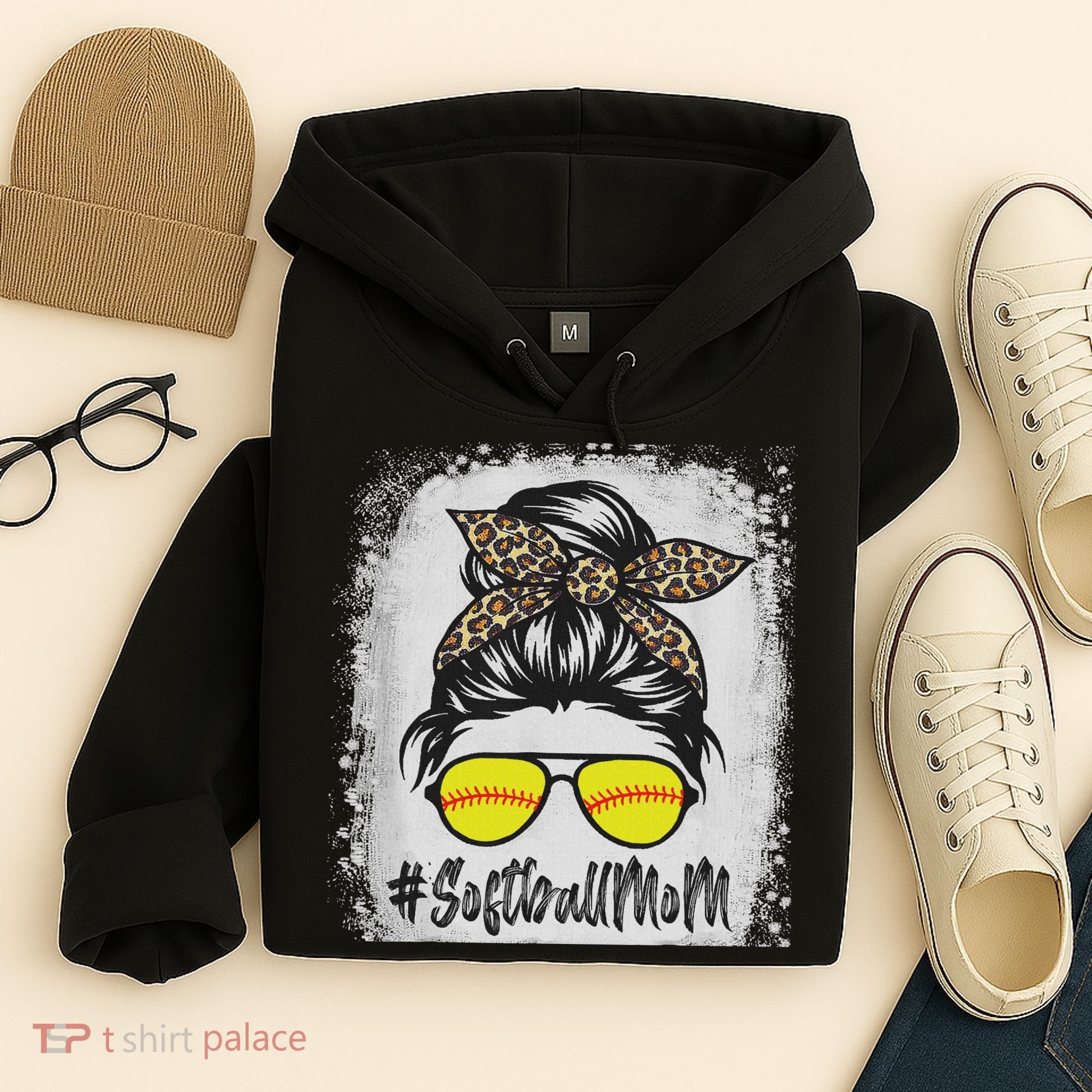 Bleached Softball Mom Life With Leopard And Messy Bun Player Hoodie