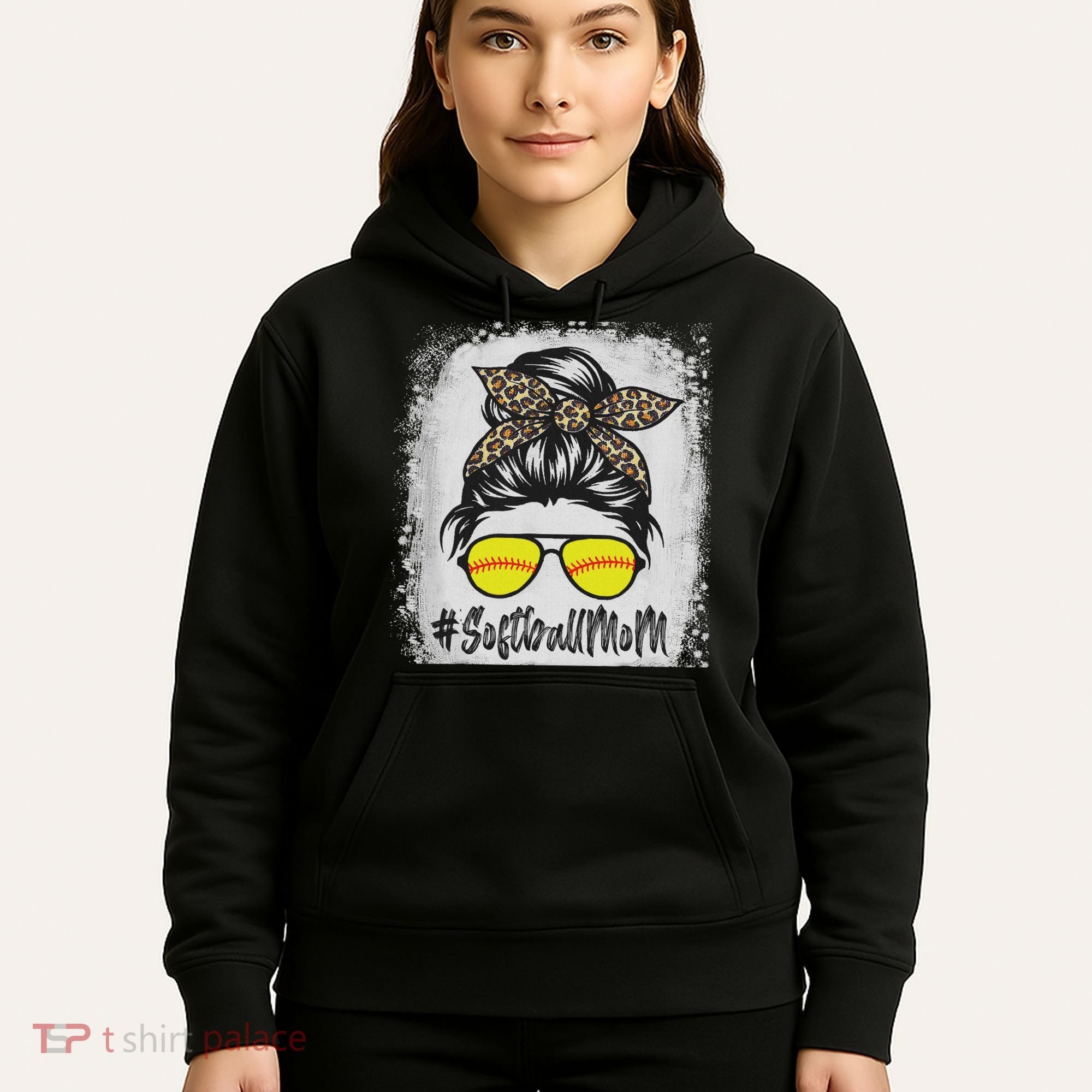 Bleached Softball Mom Life With Leopard And Messy Bun Player Hoodie