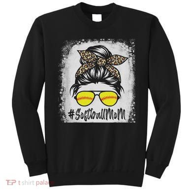 Bleached Softball Mom Life With Leopard And Messy Bun Player Sweatshirt