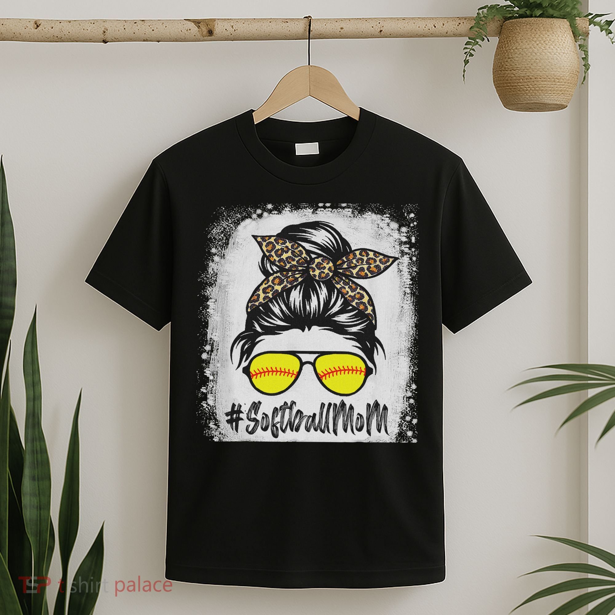 Bleached Softball Mom Life With Leopard And Messy Bun Player T-Shirt
