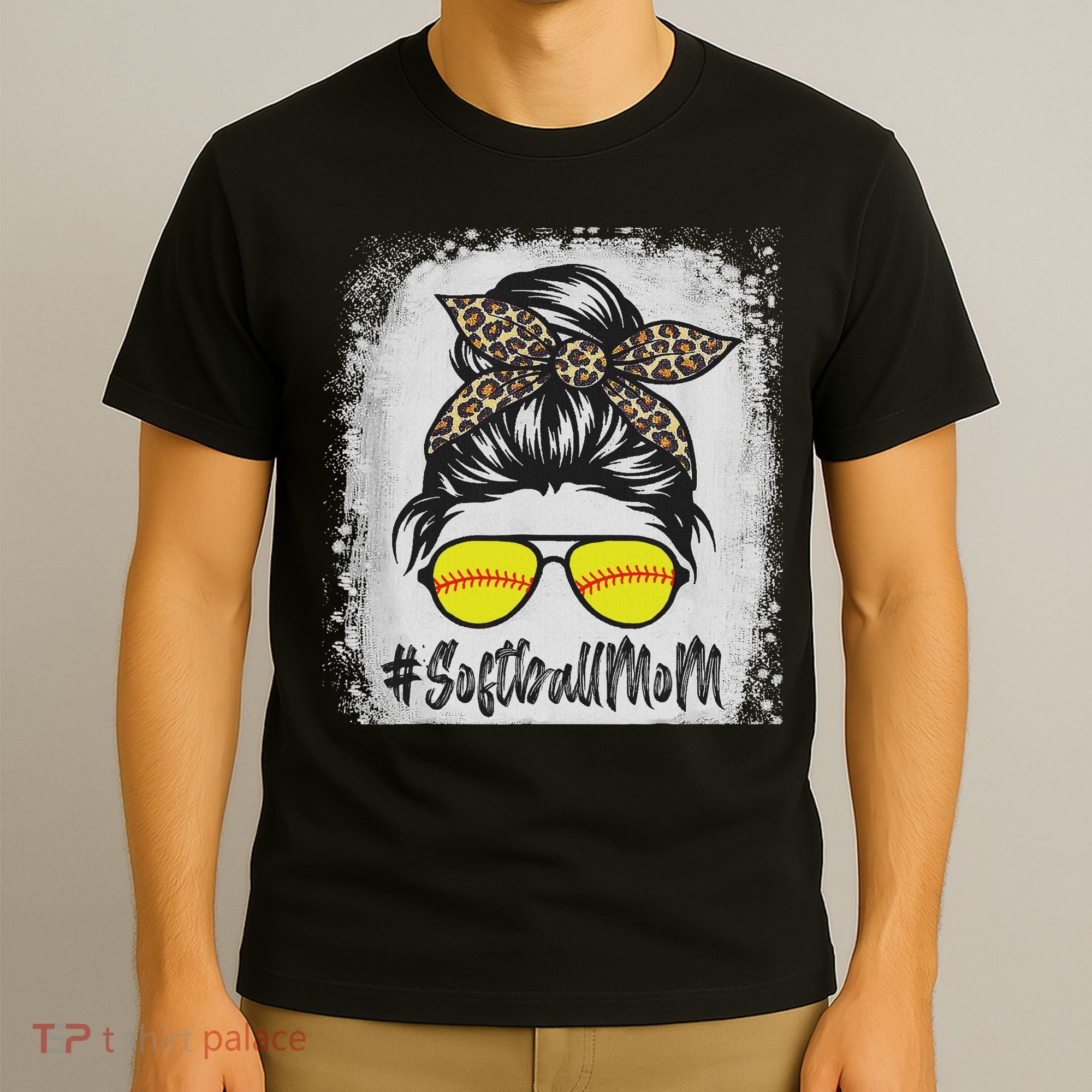 Bleached Softball Mom Life With Leopard And Messy Bun Player T-Shirt