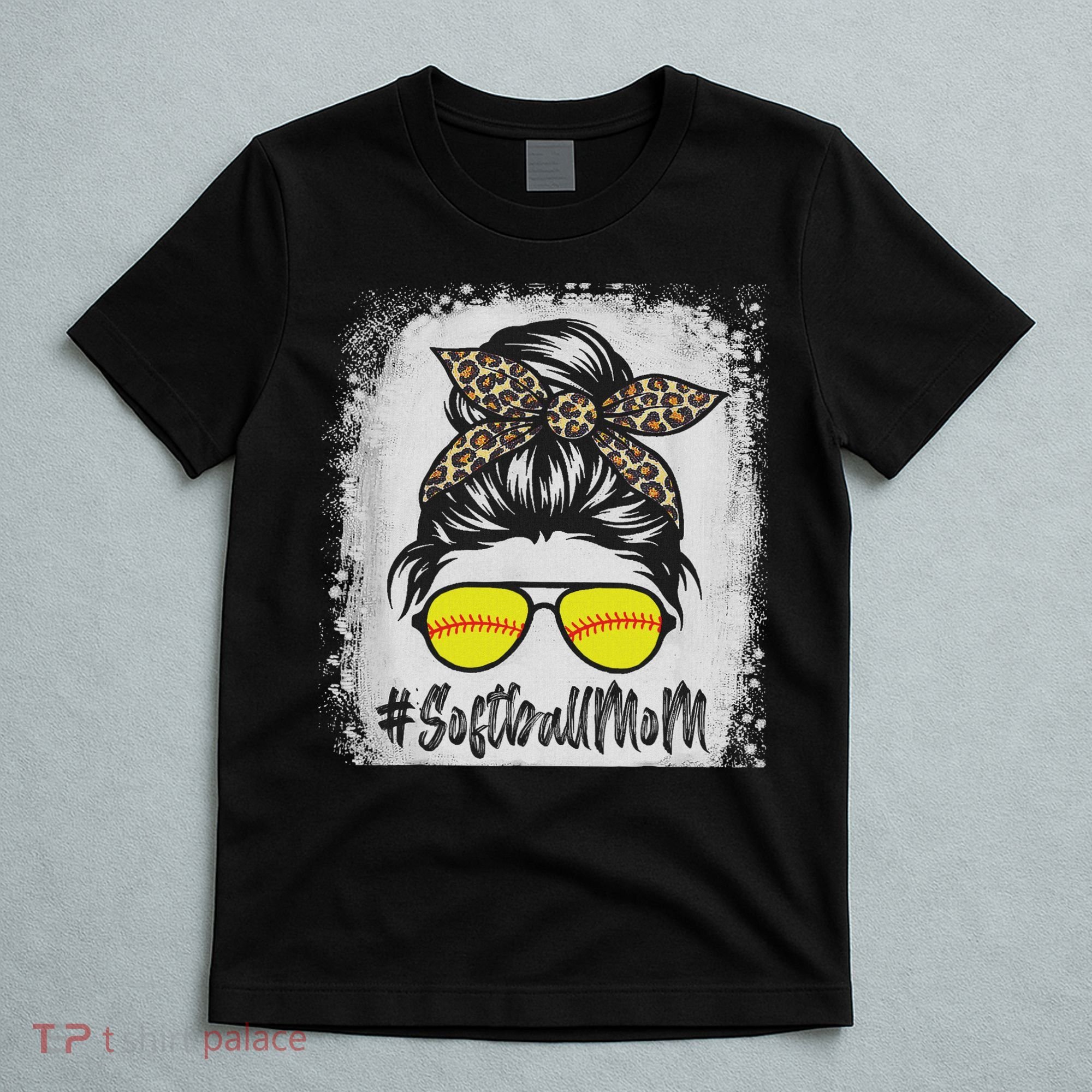 Bleached Softball Mom Life With Leopard And Messy Bun Player T-Shirt