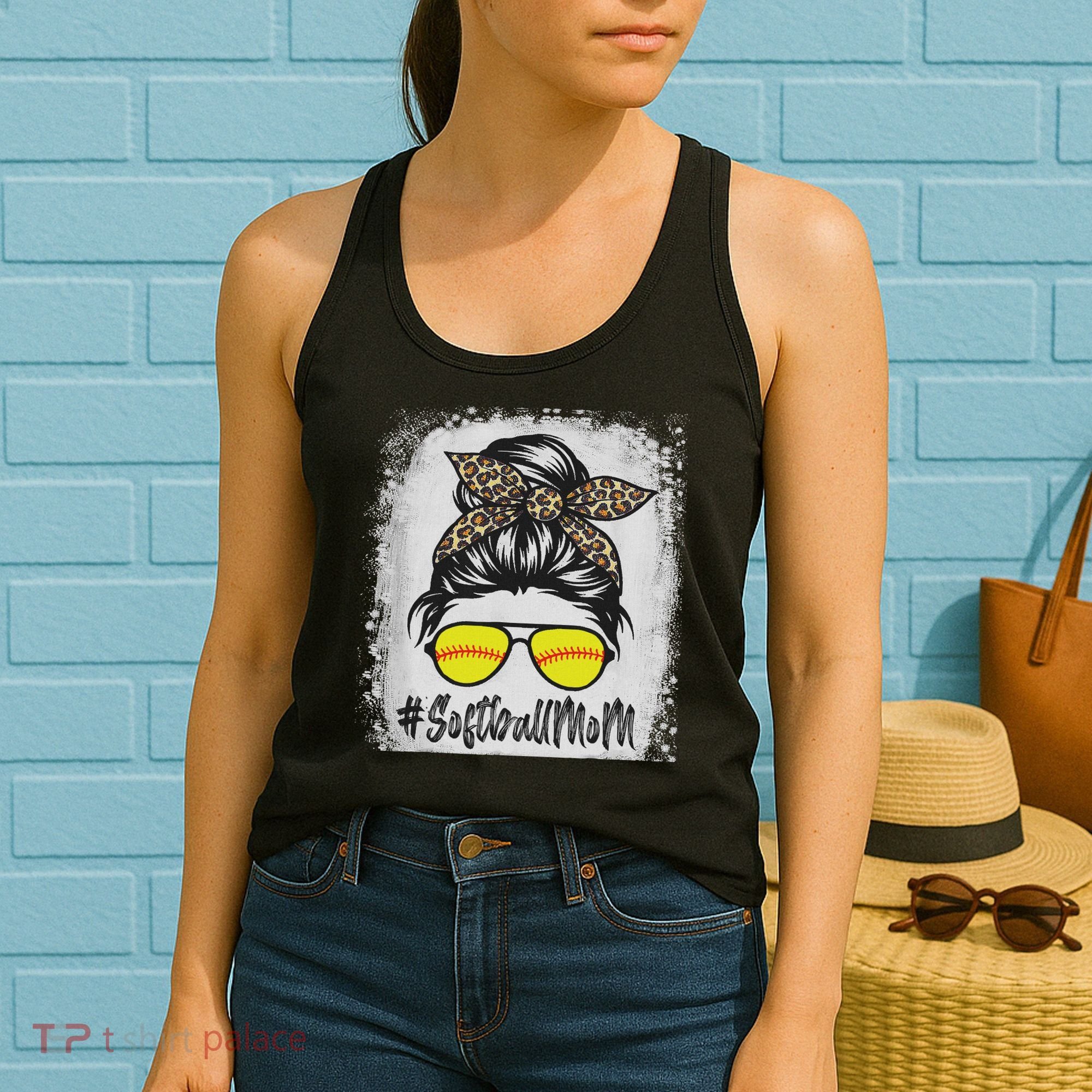 Bleached Softball Mom Life With Leopard And Messy Bun Player Women's Tank Top