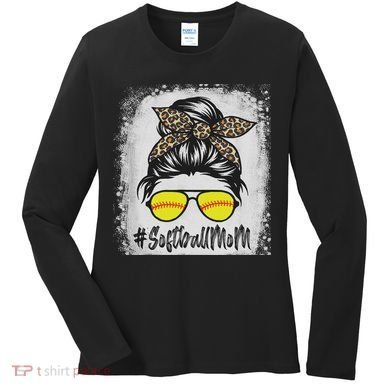 Bleached Softball Mom Life With Leopard And Messy Bun Player Women's Long Sleeve Shirt