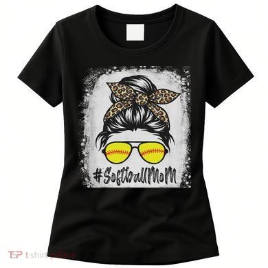 Bleached Softball Mom Life With Leopard And Messy Bun Player Women's T-Shirt