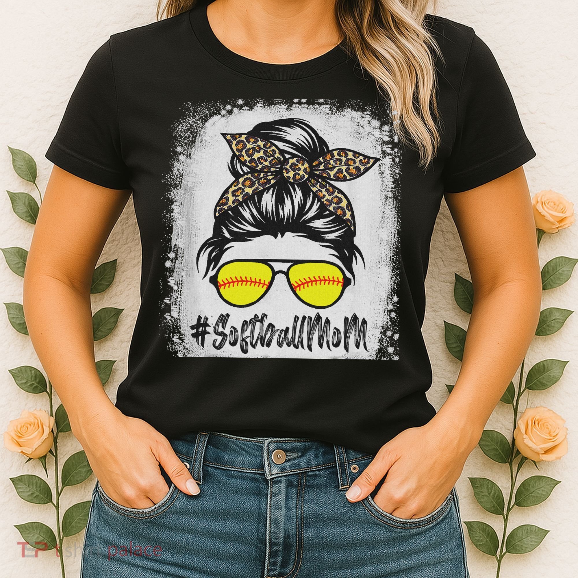 Bleached Softball Mom Life With Leopard And Messy Bun Player Women's T-Shirt