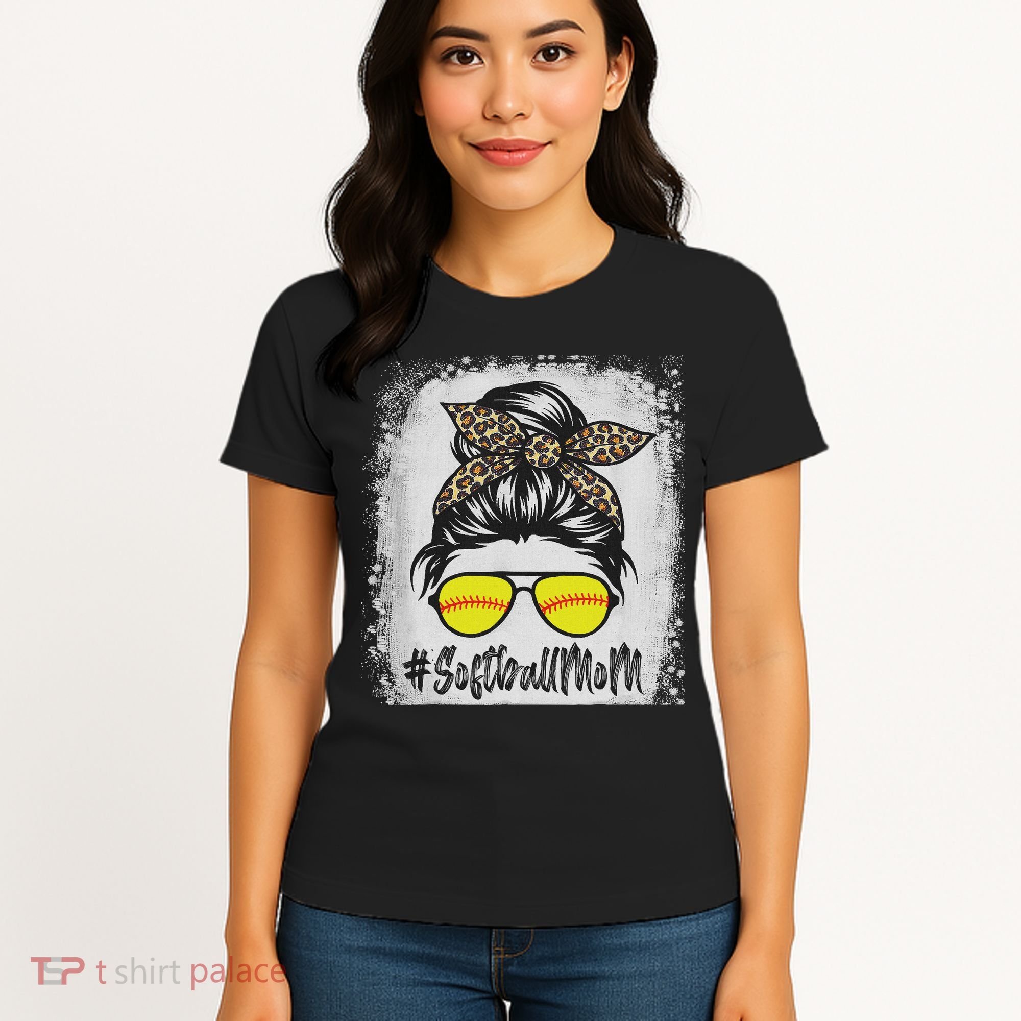 Bleached Softball Mom Life With Leopard And Messy Bun Player Women's T-Shirt