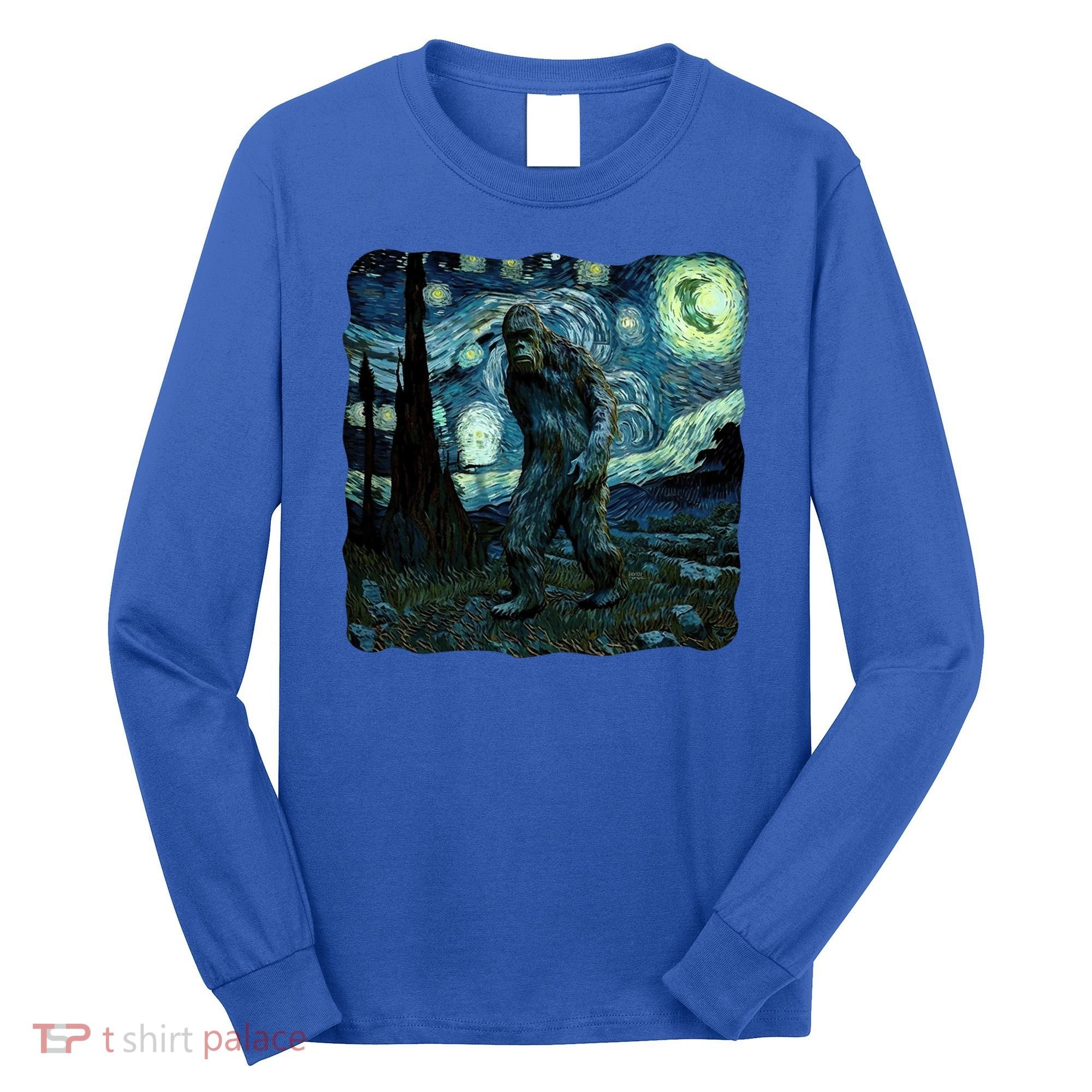 Bigfoot Starry Night Van Gogh Painting Sasquatch Art Gift Long Sleeve Shirt
