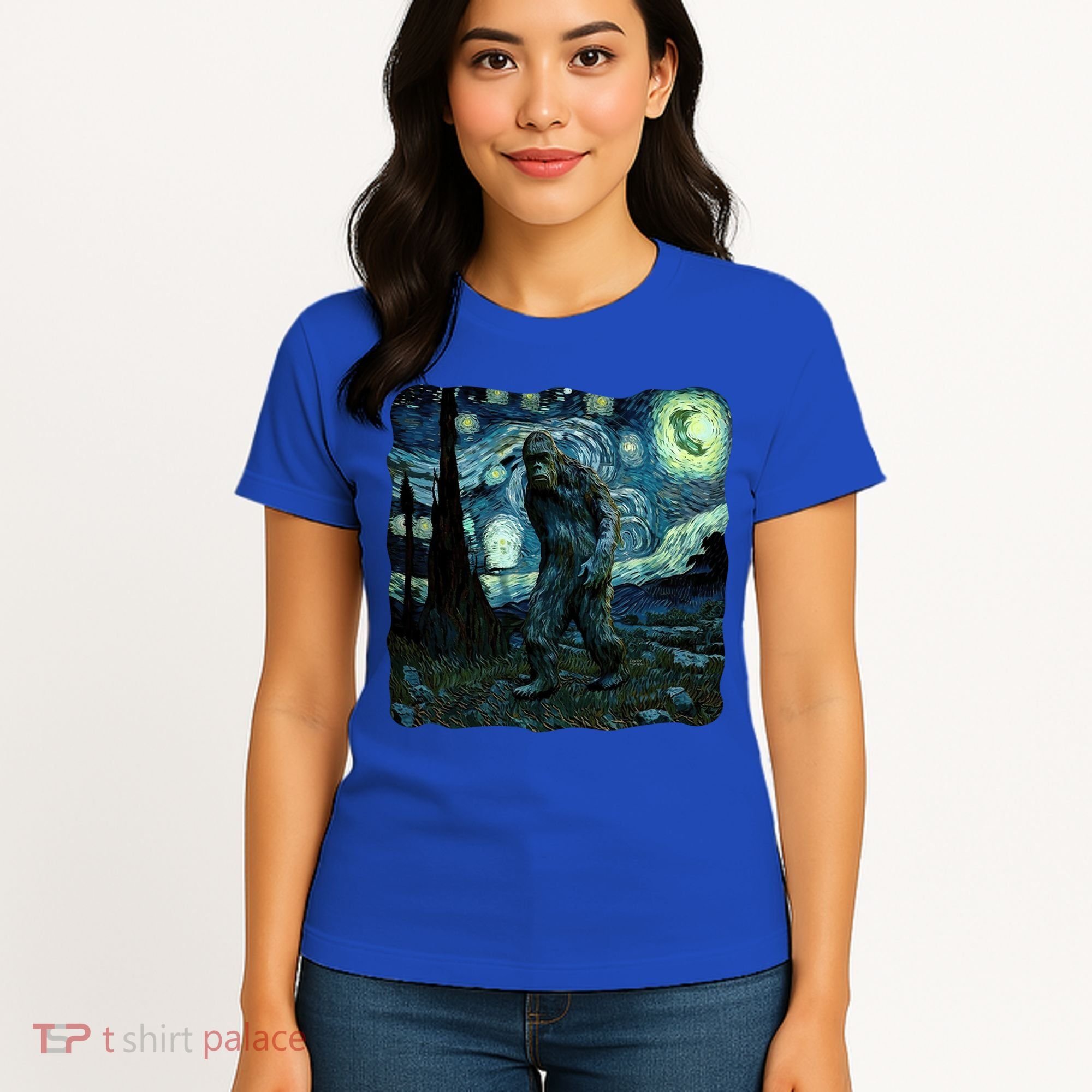 Bigfoot Starry Night Van Gogh Painting Sasquatch Art Gift Women's T-Shirt