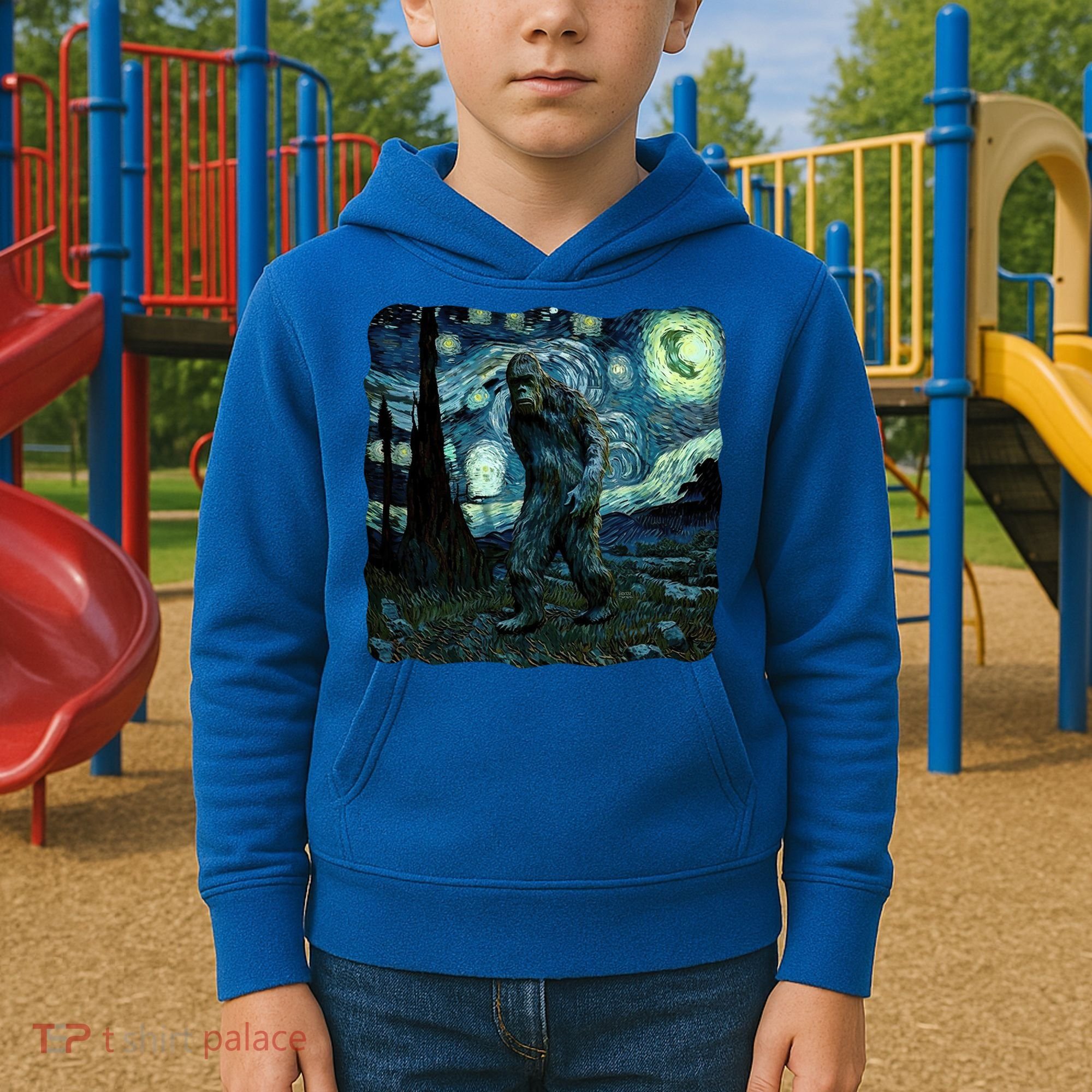 Bigfoot Starry Night Van Gogh Painting Sasquatch Art Gift Kids Hoodie