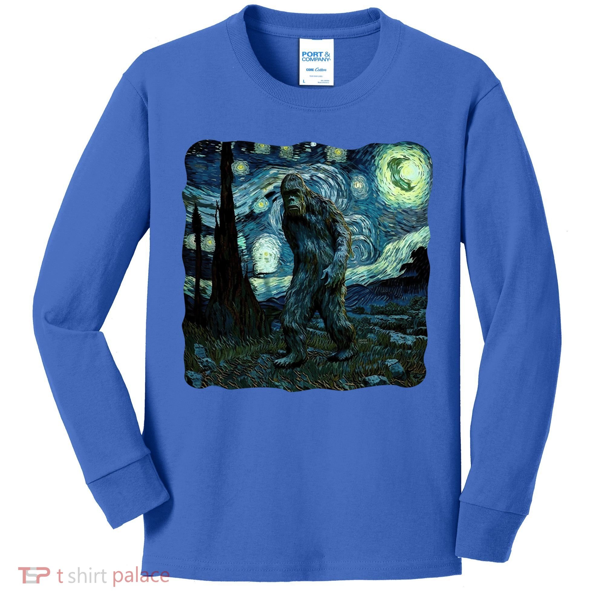 Bigfoot Starry Night Van Gogh Painting Sasquatch Art Gift Kids Long Sleeve Shirt