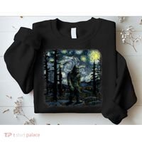 Bigfoot Starry Night Sasquatch Van Gogh Sky Painting Art Sweatshirt thumb 2