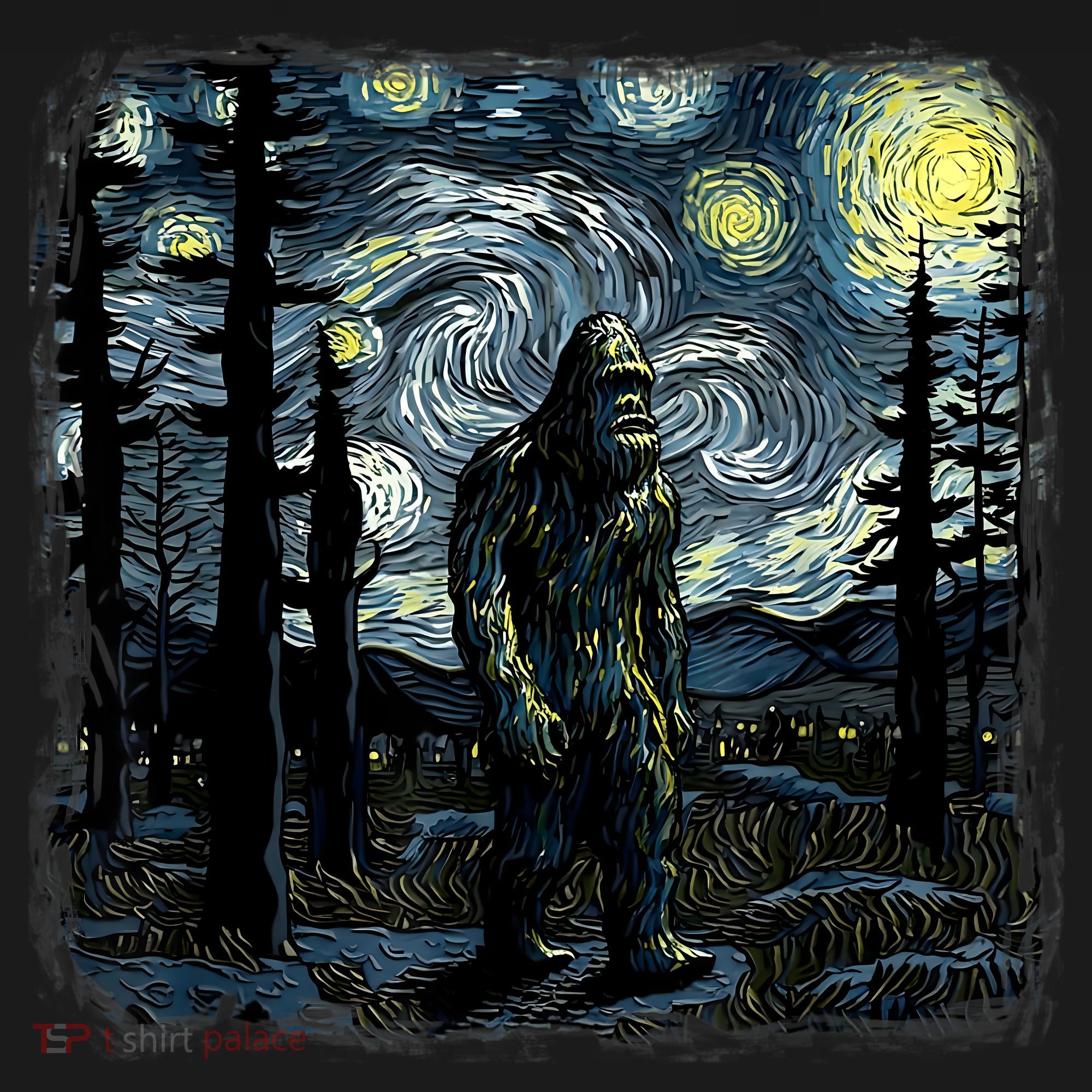 Bigfoot Starry Night Sasquatch Van Gogh Sky Painting Art Sweatshirt
