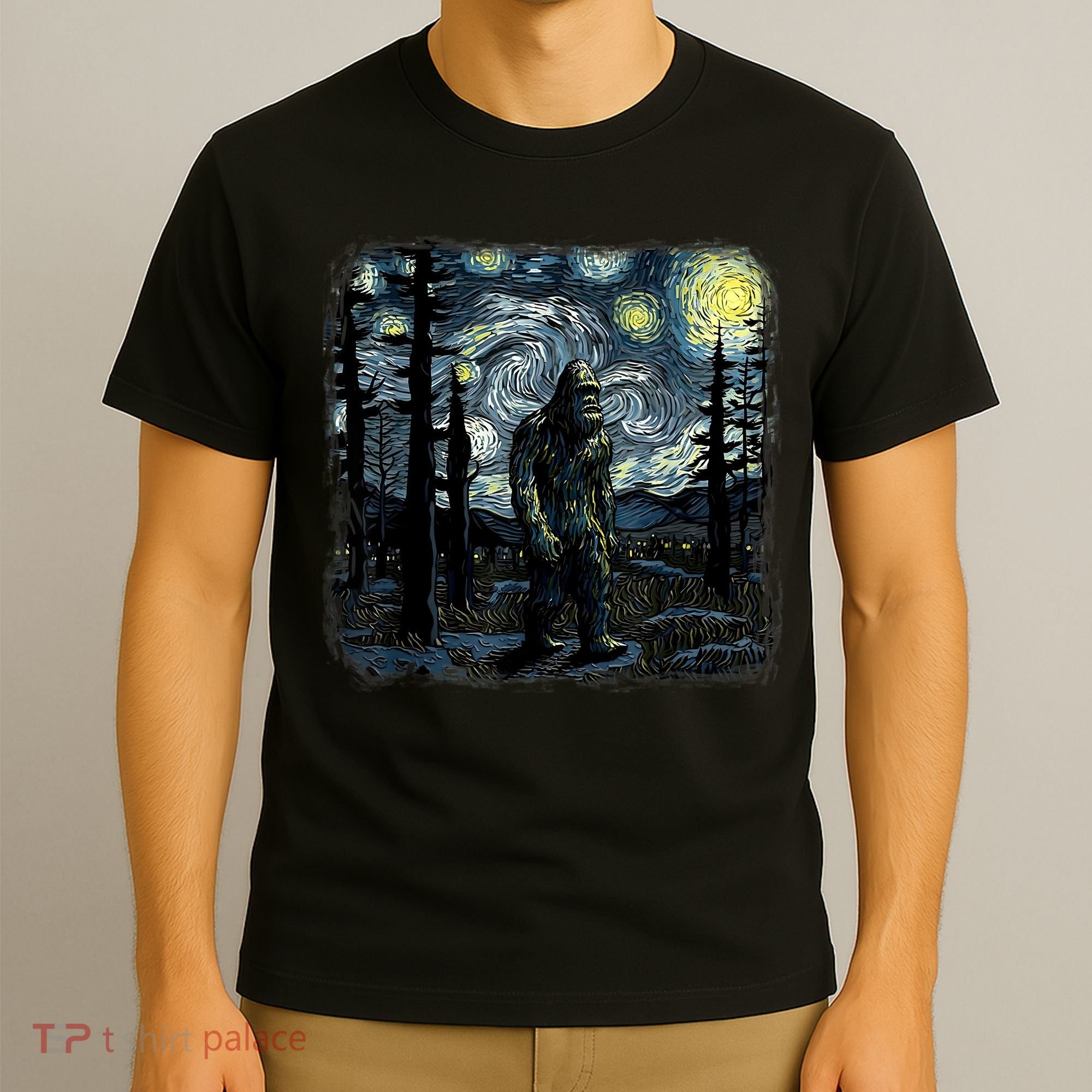 Bigfoot Starry Night Sasquatch Van Gogh Sky Painting Art T-Shirt