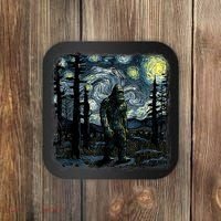Bigfoot Starry Night Sasquatch Van Gogh Sky Painting Art Coaster thumb 0