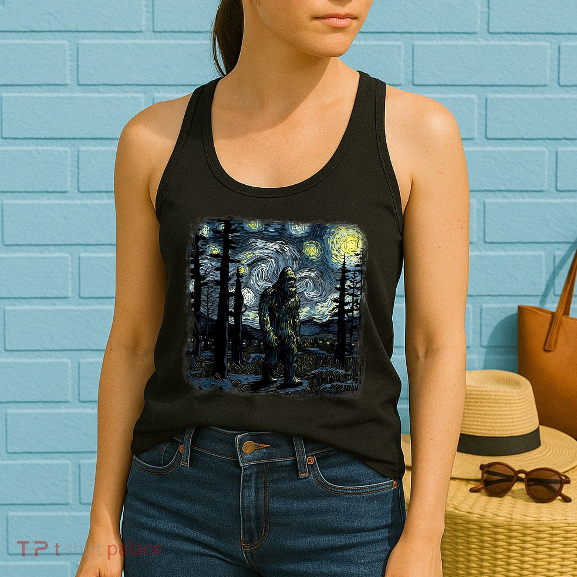 Bigfoot Starry Night Sasquatch Van Gogh Sky Painting Art Women's Tank Top