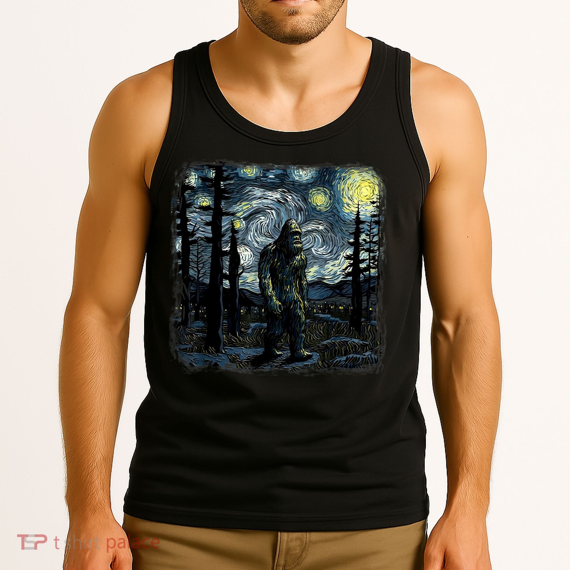 Bigfoot Starry Night Sasquatch Van Gogh Sky Painting Art Tank Top