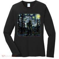 Bigfoot Starry Night Sasquatch Van Gogh Sky Painting Art Women's Long Sleeve Shirt thumb 0