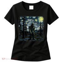 Bigfoot Starry Night Sasquatch Van Gogh Sky Painting Art Women's T-Shirt thumb 0