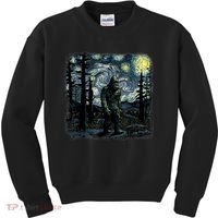 Bigfoot Starry Night Sasquatch Van Gogh Sky Painting Art Kids Sweatshirt thumb 0