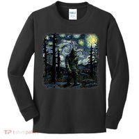 Bigfoot Starry Night Sasquatch Van Gogh Sky Painting Art Kids Long Sleeve Shirt thumb 0