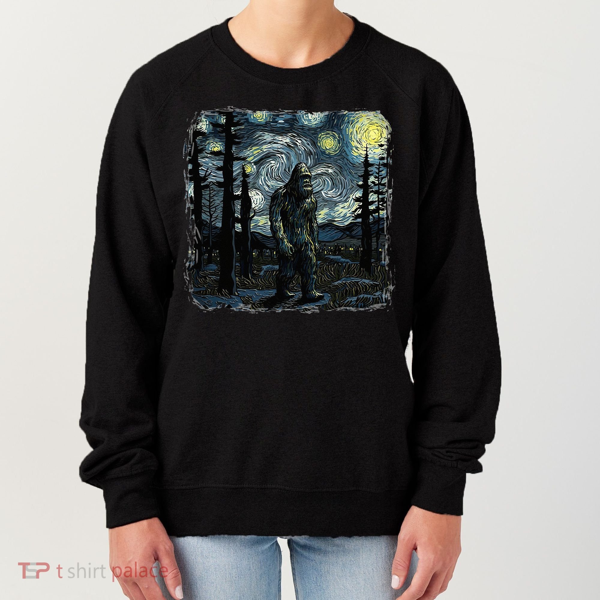 Bigfoot Starry Night Sasquatch Van Gogh Sky Painting Women's Sweatshirt