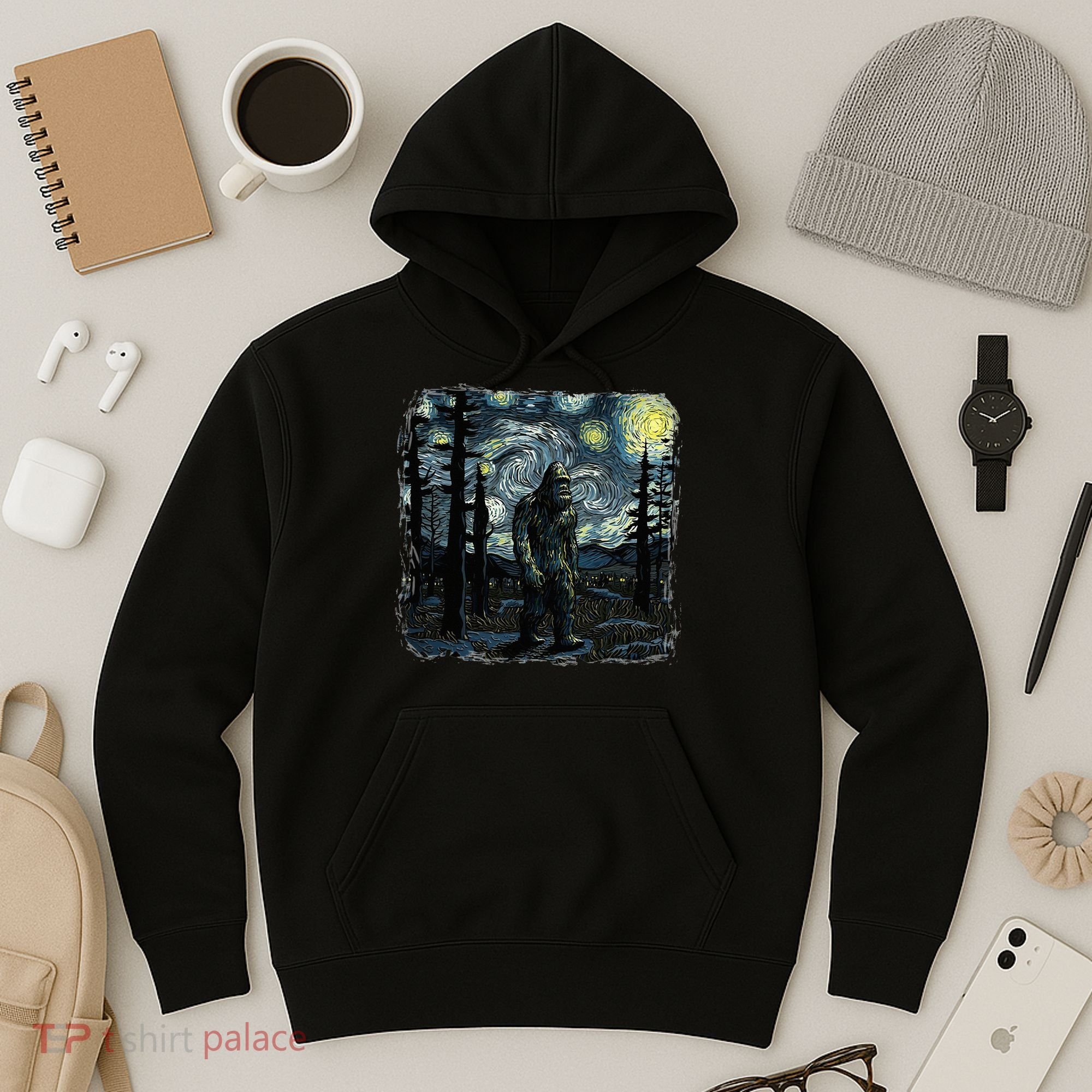 Bigfoot Starry Night Sasquatch Van Gogh Sky Painting Hoodie