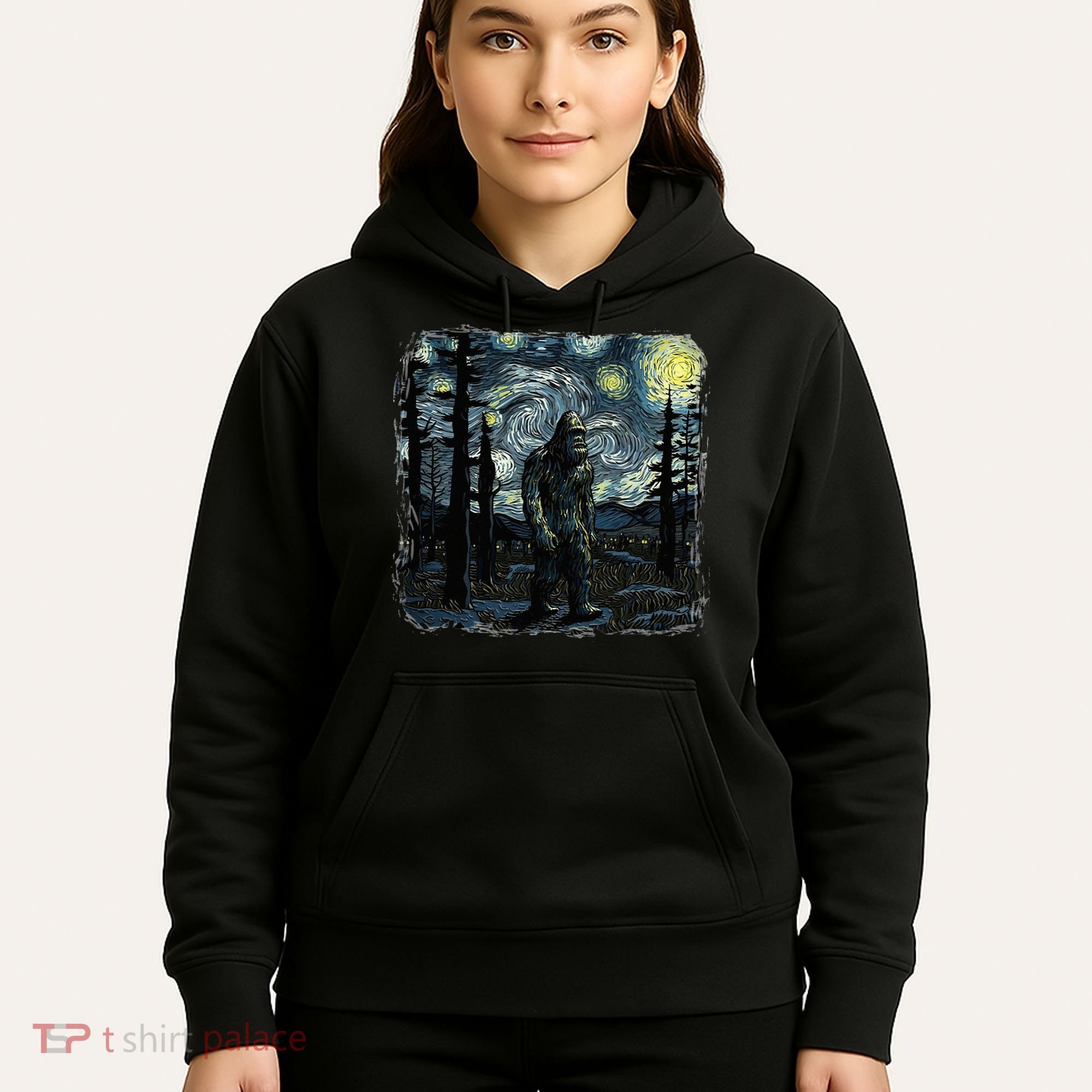 Bigfoot Starry Night Sasquatch Van Gogh Sky Painting Hoodie