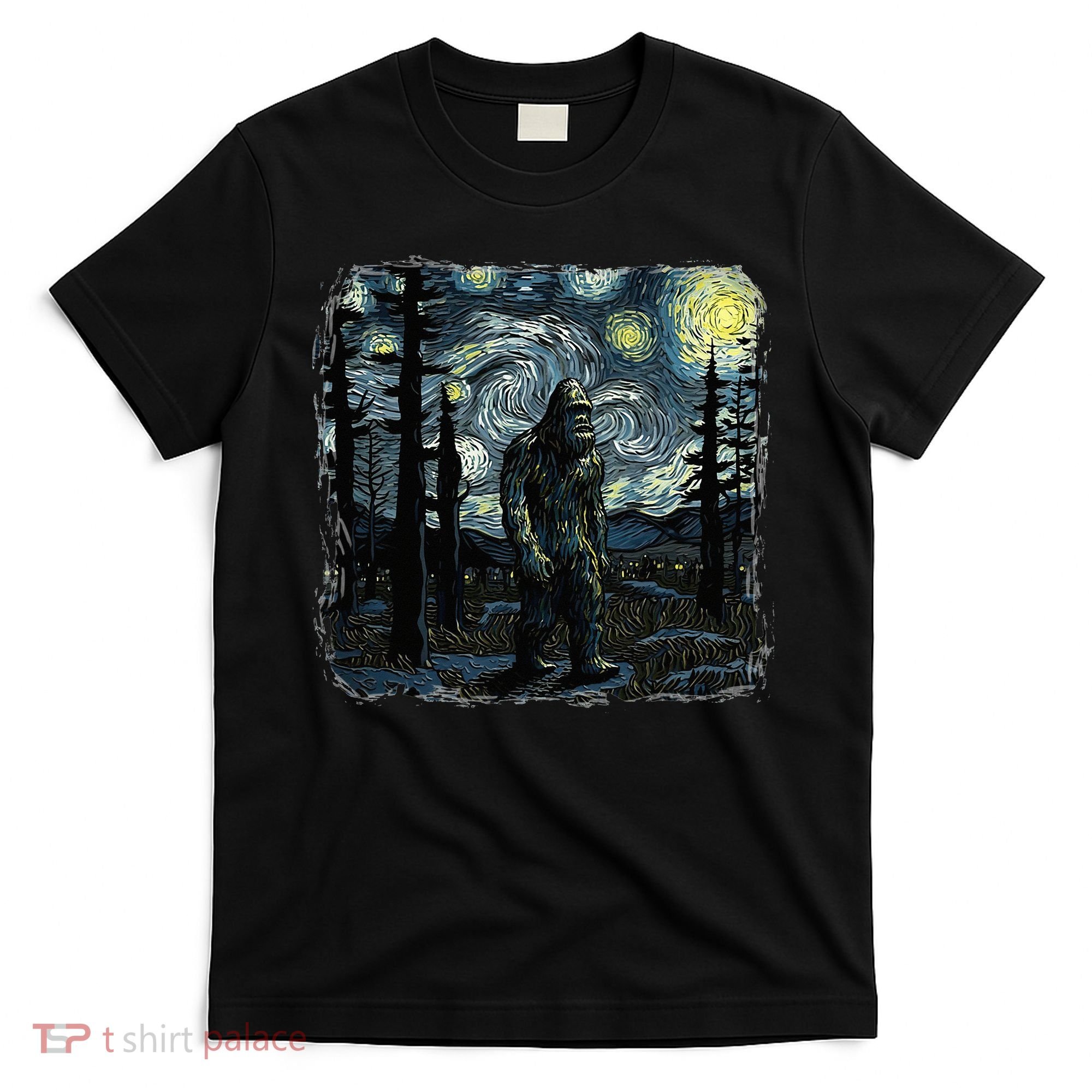 Bigfoot Starry Night Sasquatch Van Gogh Sky Painting T-Shirt