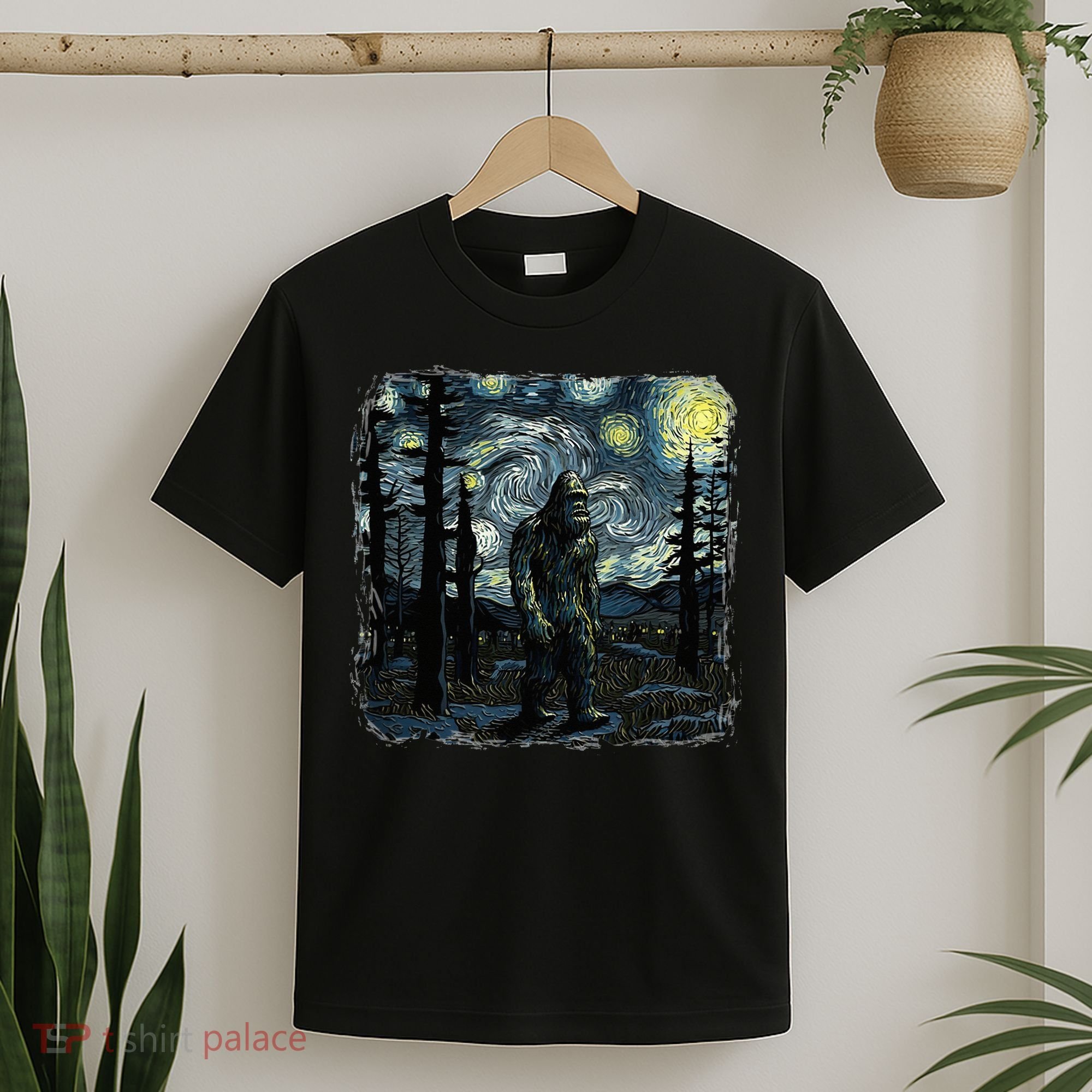 Bigfoot Starry Night Sasquatch Van Gogh Sky Painting T-Shirt
