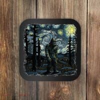Bigfoot Starry Night Sasquatch Van Gogh Sky Painting Coaster thumb 0