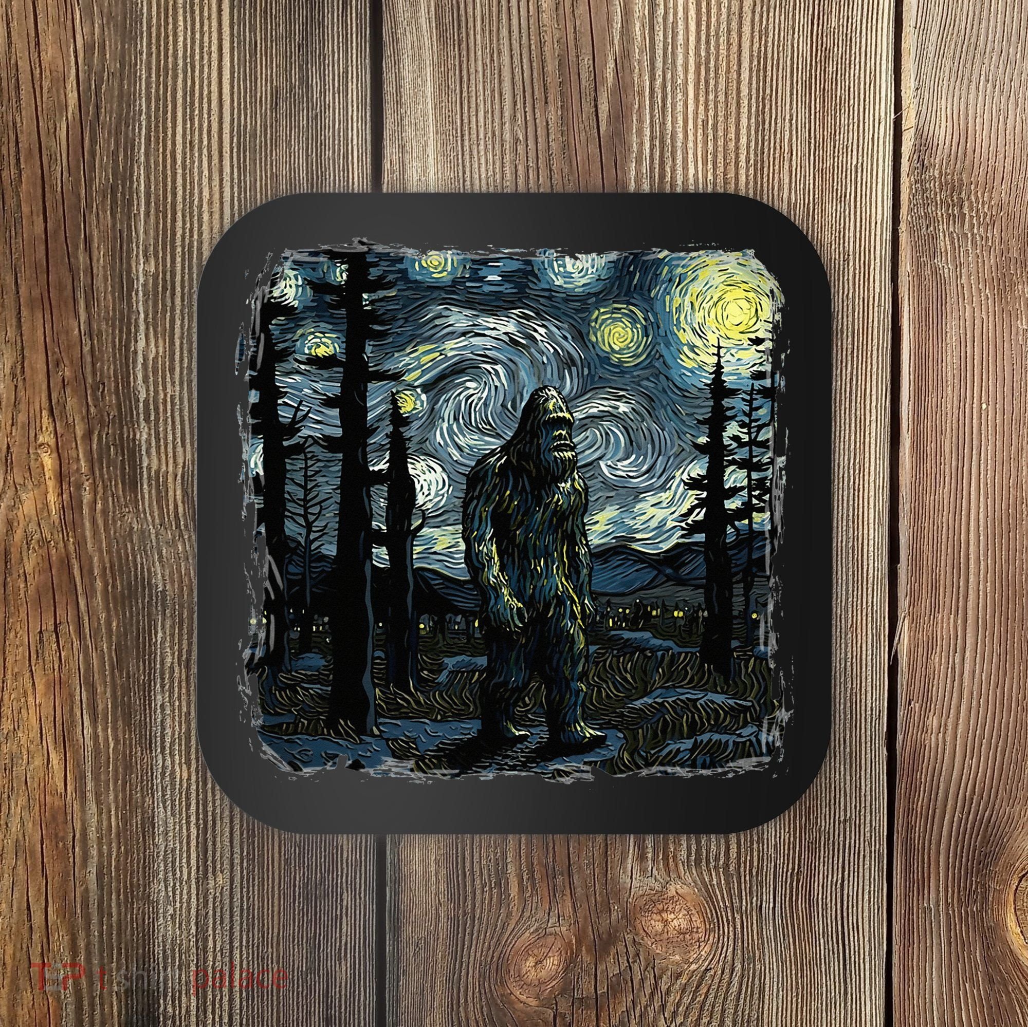 Bigfoot Starry Night Sasquatch Van Gogh Sky Painting Coaster