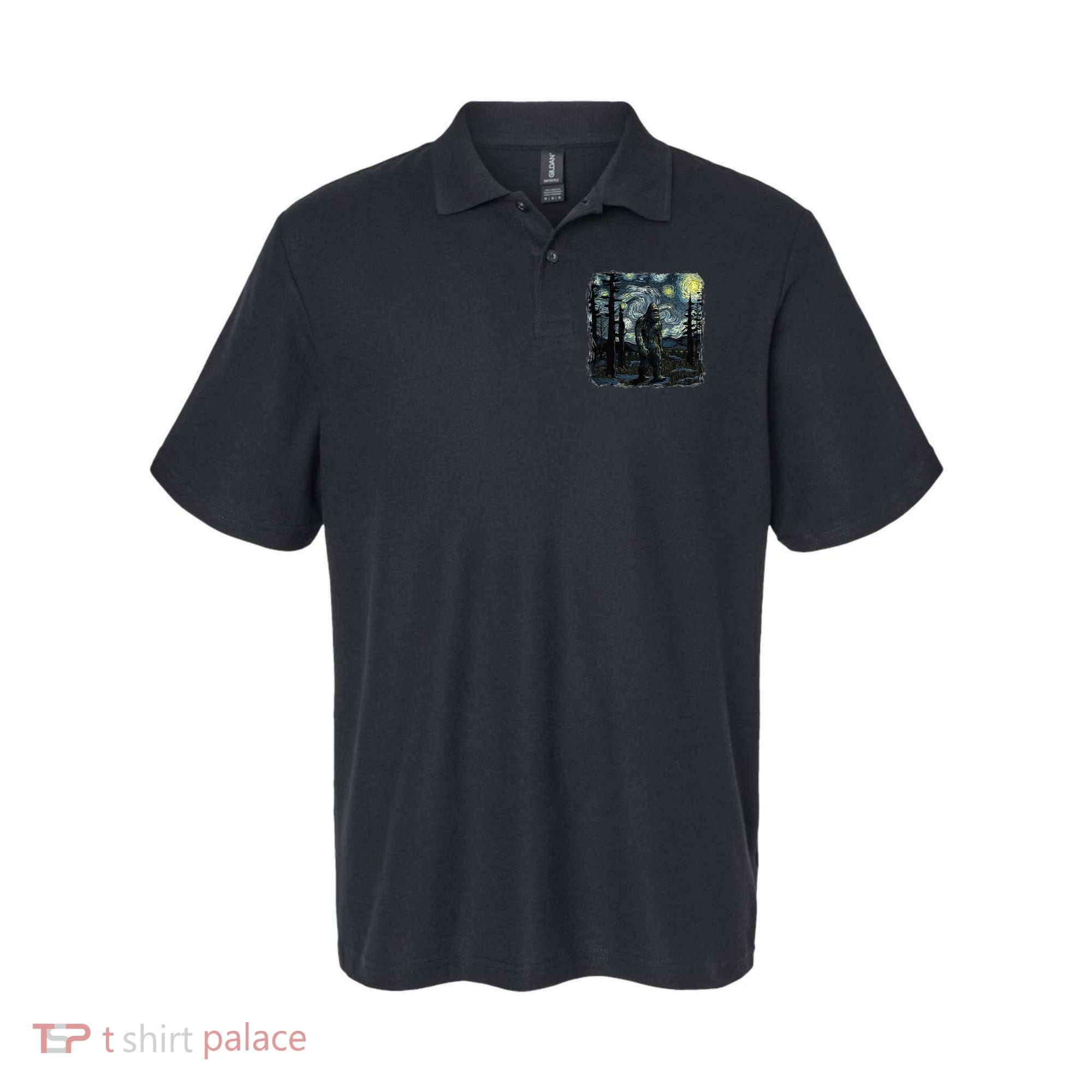 Bigfoot Starry Night Sasquatch Van Gogh Sky Painting Polo