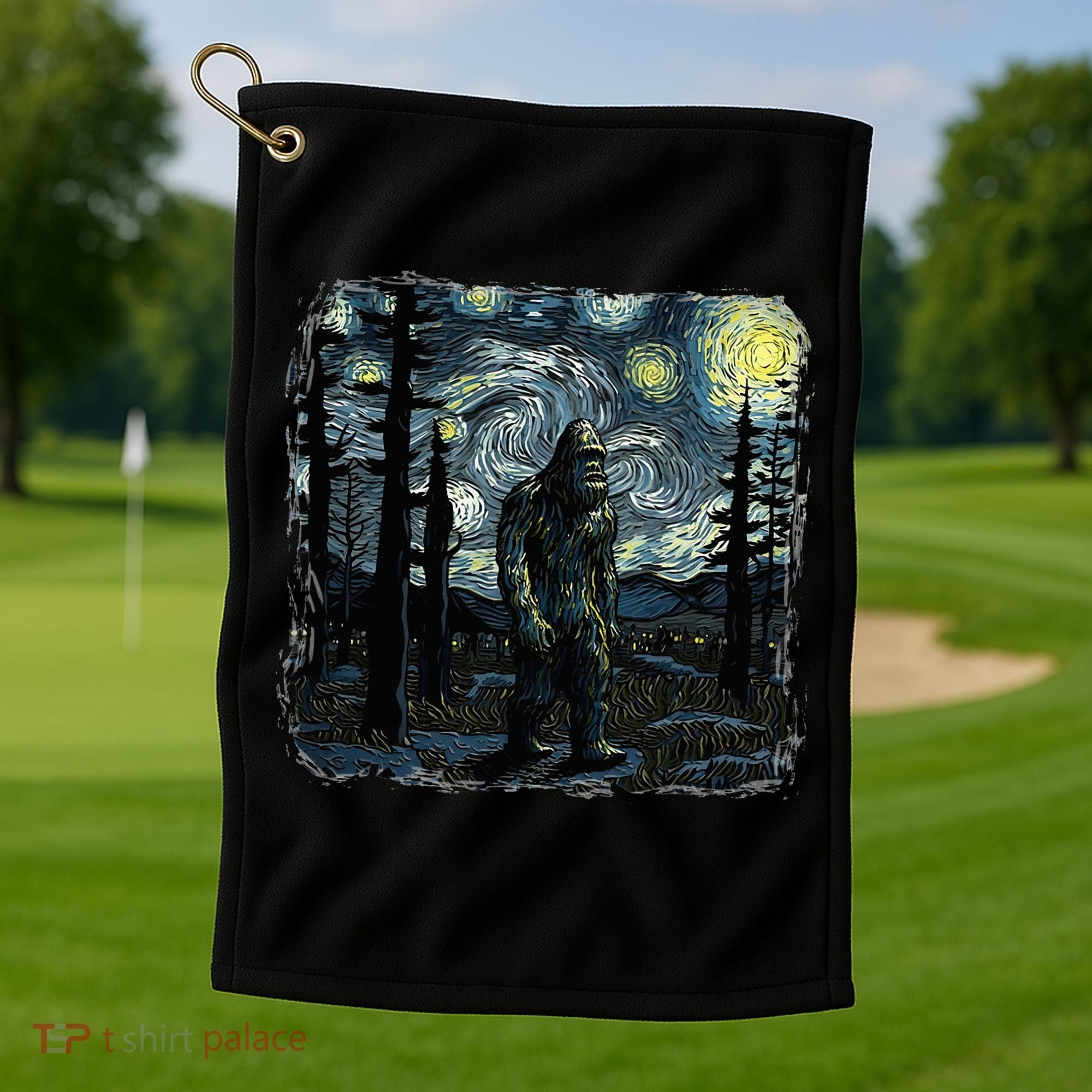 Bigfoot Starry Night Sasquatch Van Gogh Sky Painting Golf Towel