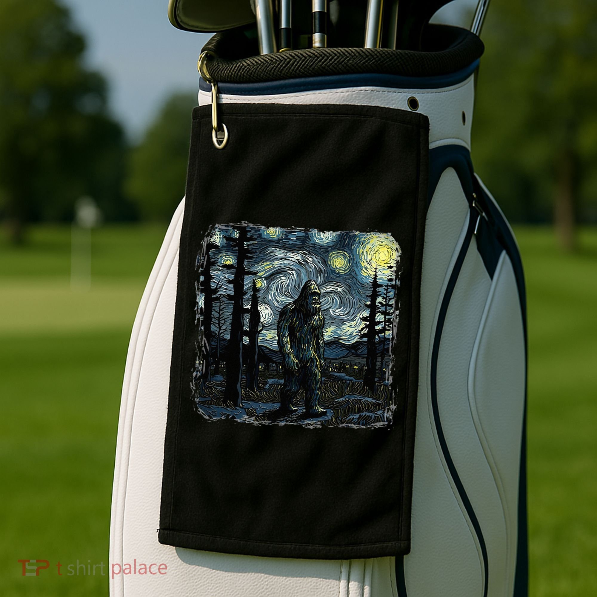 Bigfoot Starry Night Sasquatch Van Gogh Sky Painting Golf Towel