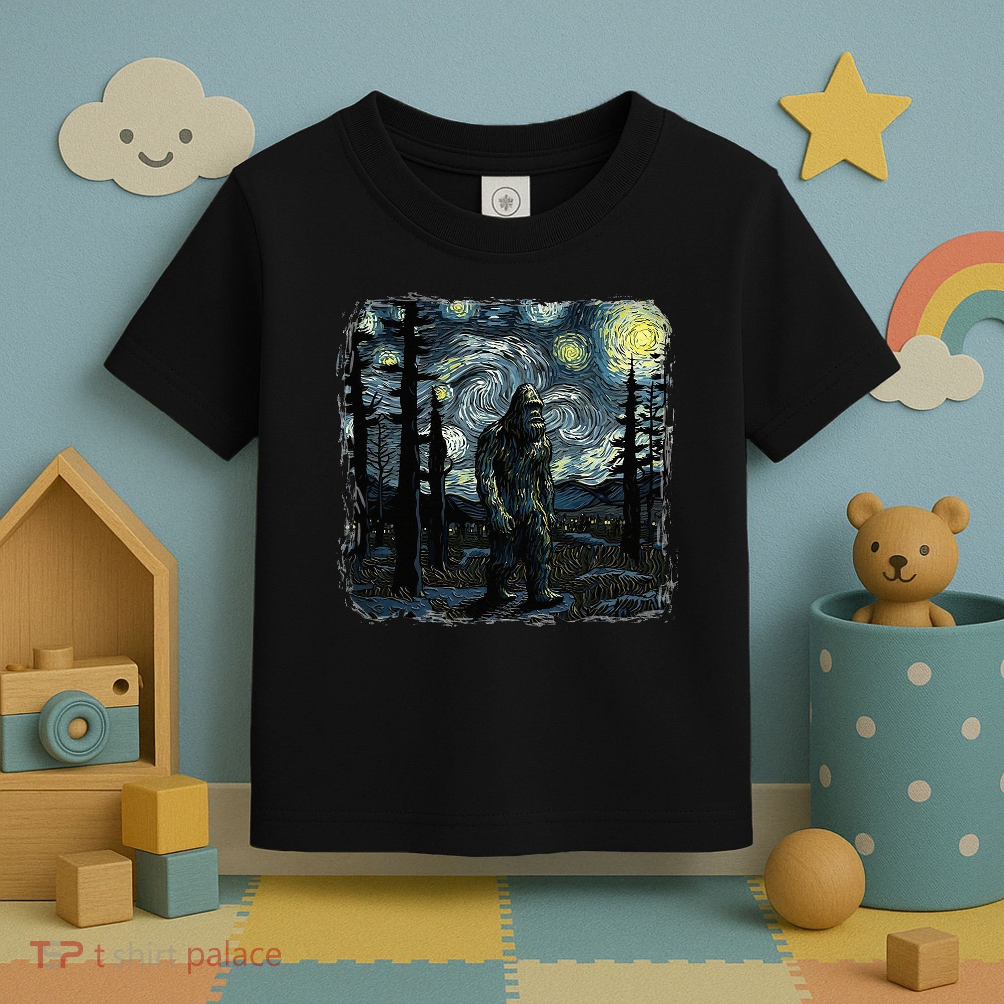 Bigfoot Starry Night Sasquatch Van Gogh Sky Painting Toddler T-Shirt