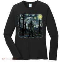 Bigfoot Starry Night Sasquatch Van Gogh Sky Painting Women's Long Sleeve Shirt thumb 0