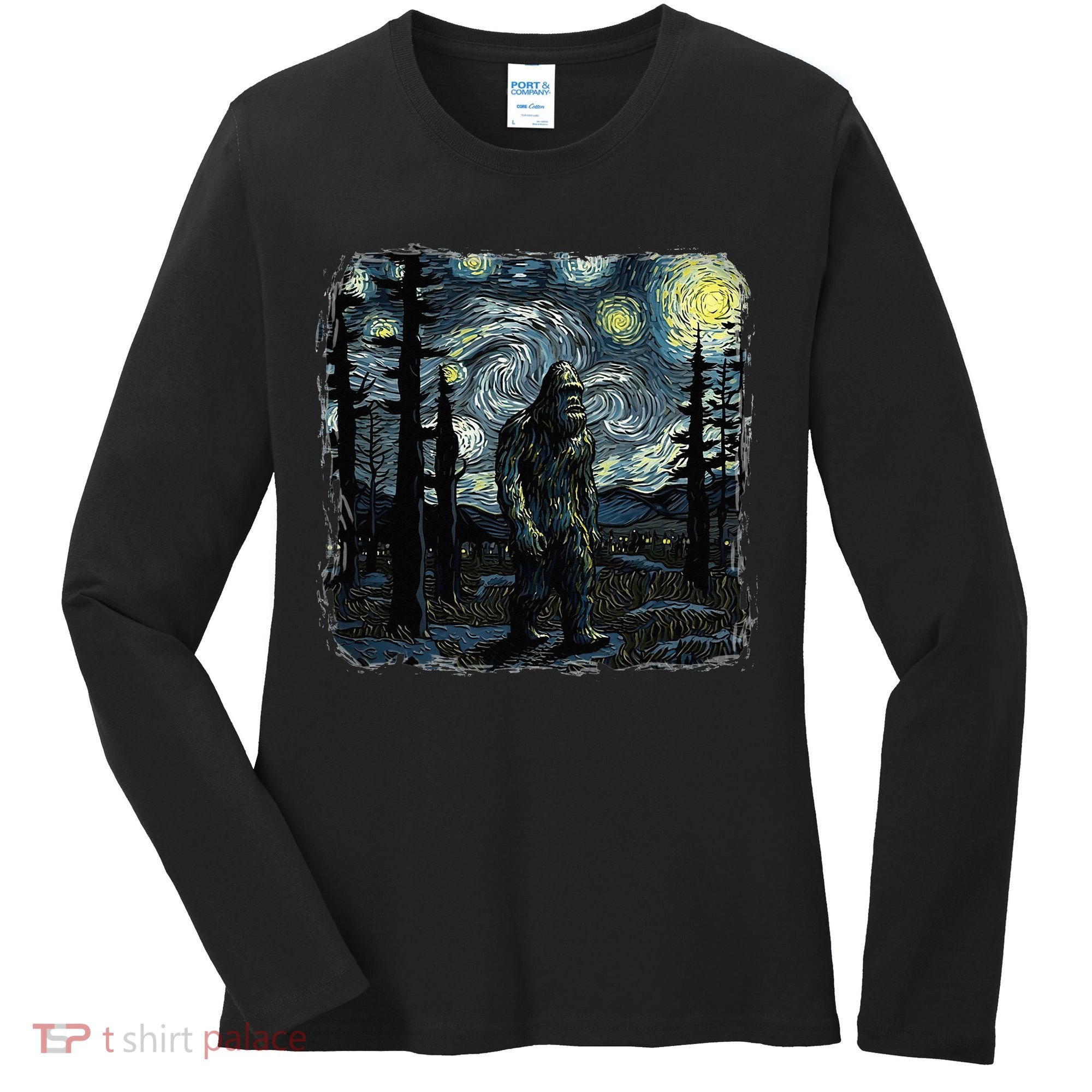 Bigfoot Starry Night Sasquatch Van Gogh Sky Painting Women's Long Sleeve Shirt