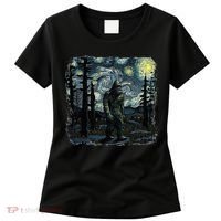 Bigfoot Starry Night Sasquatch Van Gogh Sky Painting Women's T-Shirt thumb 0