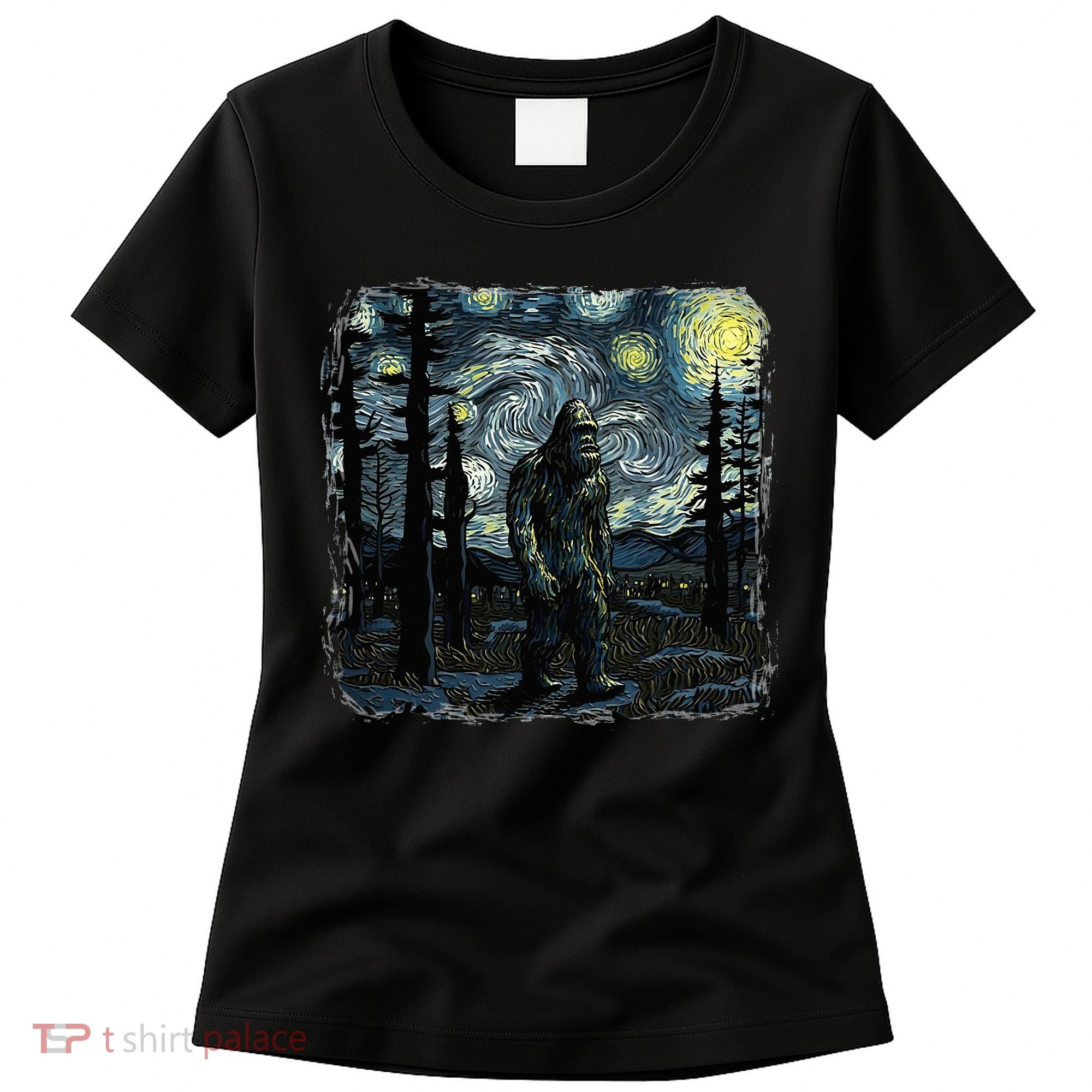 Bigfoot Starry Night Sasquatch Van Gogh Sky Painting Women's T-Shirt