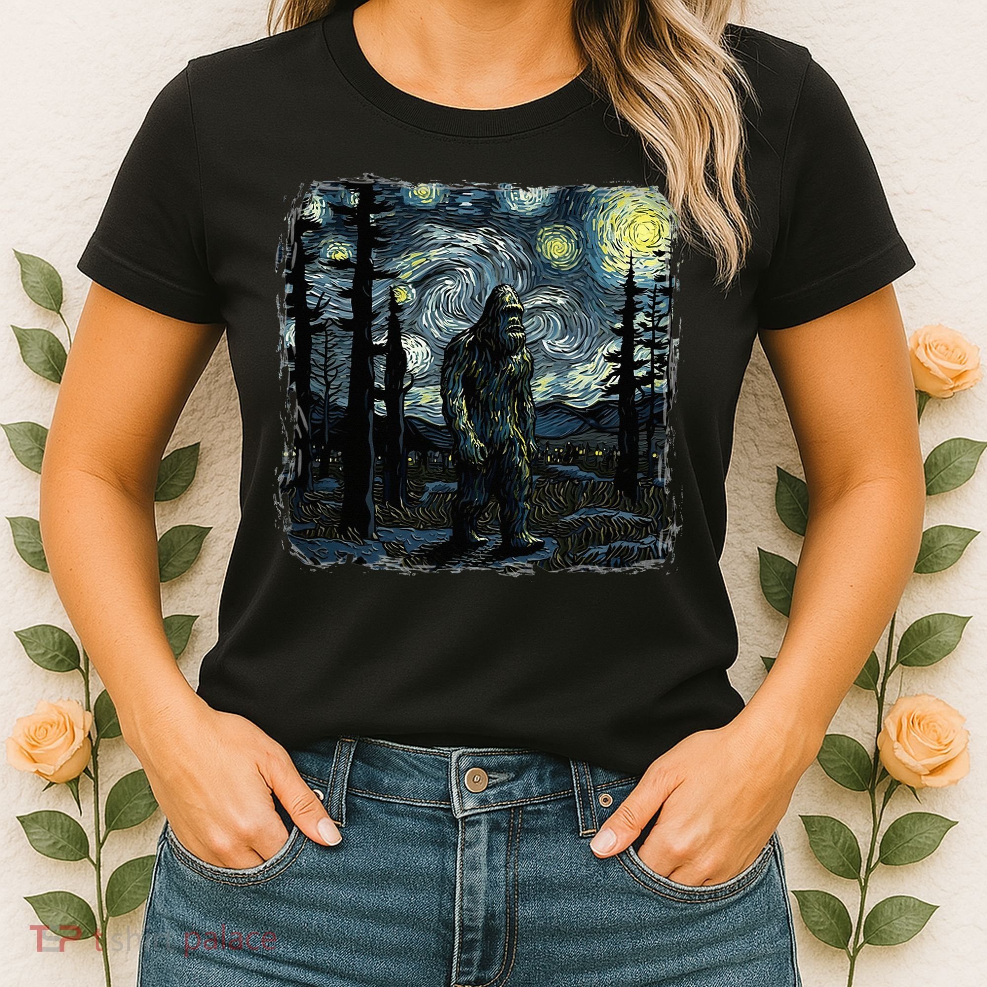 Bigfoot Starry Night Sasquatch Van Gogh Sky Painting Women's T-Shirt