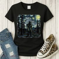 Bigfoot Starry Night Sasquatch Van Gogh Sky Painting Women's T-Shirt thumb 3