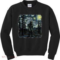 Bigfoot Starry Night Sasquatch Van Gogh Sky Painting Kids Sweatshirt thumb 0